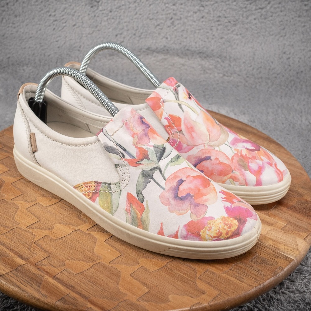 ECCO Sneakers Womens Sz 11 US 42 EU White Floral Slip On Athleisure Shoes